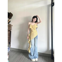 Radinka2025夏新款辣妹格子吊带连衣裙女欧若风小个子荷叶边拖尾裙子MLX 连衣裙 S