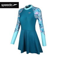 speedo泳衣女长袖裙式时尚连体防晒保守遮肚显瘦抗氯速干温泉度假泳装 孔雀色/水手蓝/活力粉/浅棕色 XL 【38码体重64-69kg】