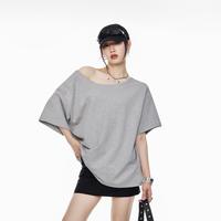 ICH MODE美式设计感斜肩短袖T恤女2025年夏新款休闲宽松漏肩上衣男