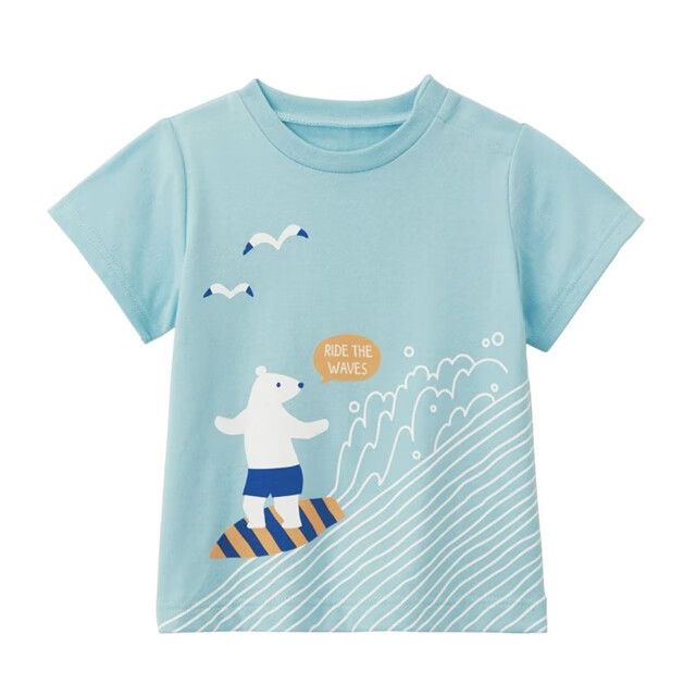 千趣会 童装男童短袖T恤春夏季上衣打底衫卡通印花棉质儿童T恤 天蓝色 100 cm
