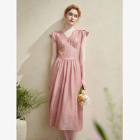 西遇设计感荷叶飞飞袖连衣裙女2024夏季V领收腰A摆连衣裙