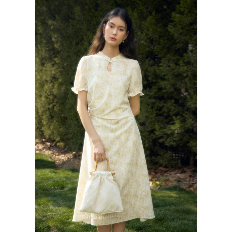 大码国风改良立领旗袍裙2024新中式高腰显瘦碎花中长裙女