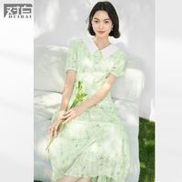 【小野联名】夏装清爽满印裙摆百褶撞色翻领女式连衣裙