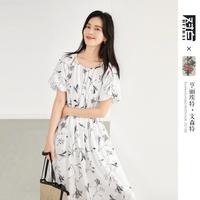 【凯伊莱文联名】夏装撞色印花镂空抽褶女式短袖连衣裙
