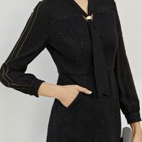 【闪闪小黑裙】春夏绵羊毛通勤宴会系带领连衣裙女