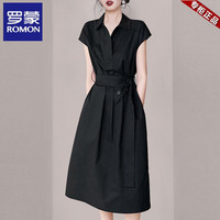 罗蒙（ROMON）真丝缎面垂感连衣裙子女装夏季2025气质收腰法式polo领衬衫裙 深雾蓝 M