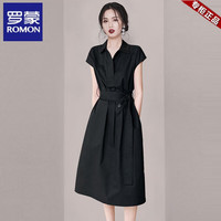 罗蒙（ROMON）真丝缎面垂感连衣裙子女装夏季2025气质收腰法式polo领衬衫裙 石墨色 M