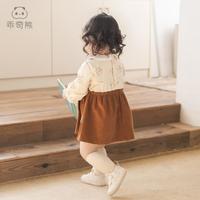 女童公主连衣裙春秋季女宝宝复古假两件背带裙子婴儿外出周岁礼裙