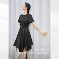 夏装简约气质不对称网纱下摆短款小黑裙女式短袖连衣裙