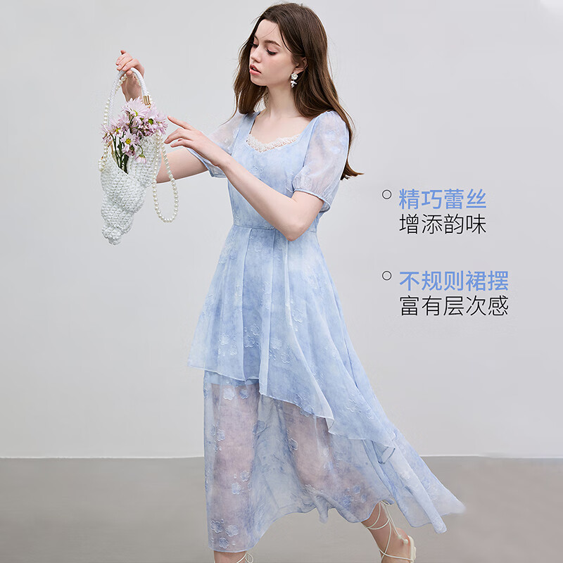 KBNE蕾丝连衣裙气质仙女裙2025年夏季新款小个子欧若风连身裙 蓝花