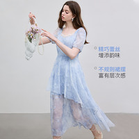 KBNE蕾丝连衣裙气质仙女裙2025年夏季新款小个子欧若风连身裙 蓝花