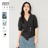 2025夏装优雅V领前片不对称捏褶泡泡袖女式短袖衬衫