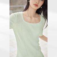 夏装知性极简舒适大U领修饰身形上衣女式短袖针织衫