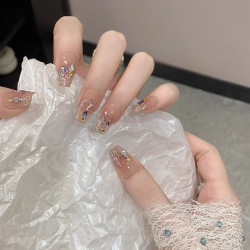 手工穿戴甲中长款美甲重工亢奋夏日猫眼新娘结婚甲片裸色指甲贴片