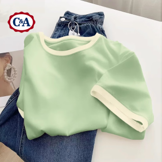 C&A 纯色短袖T恤女夏季2025休闲设计感撞色圆领软糯针织衫上衣 果绿 XL