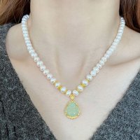 易昇珍珠项链女款送婆婆长辈中老年人母亲节实用 精选珍珠+古法银镶和田玉笑佛