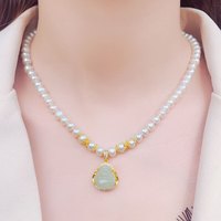 易昇珍珠项链女款送婆婆长辈中老年人母亲节实用 银鎏金镶和田玉笑佛珍珠项链