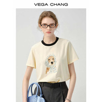 VEGA CHANG短袖t恤女2025年夏新款通勤休闲撞色圆领小狗印花上衣