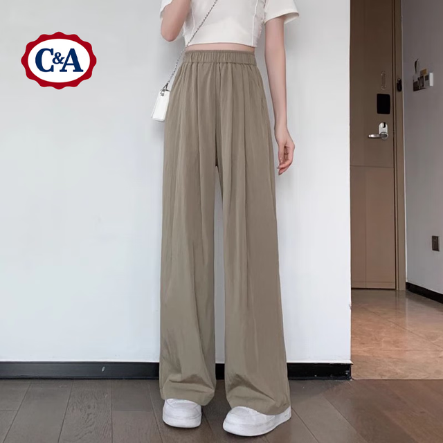 C&A 夏季薄款小个子冰丝阔腿裤高腰垂感直筒山本休闲裤 卡其绿 M