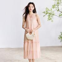莱赛尔海边度假松弛感挂脖连衣裙25年夏季欧若风条纹无袖茶歇裙