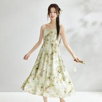 新中式国风印花吊带连衣裙2024早秋田园度假文艺A字碎花裙子