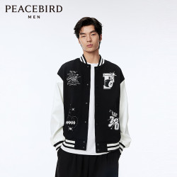 太平鸟 男装美式复古棒球服秋季撞色拼接夹克宽松刺绣休闲外套 黑色（阔型） M