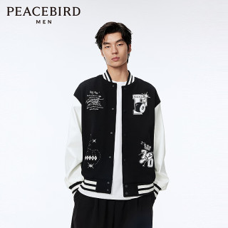 太平鸟 男装美式复古棒球服秋季撞色拼接夹克宽松刺绣休闲外套 黑色（阔型） M