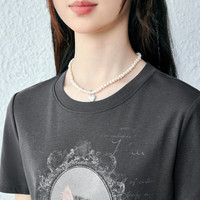 乐町复古浪漫猫咪图案字母印花正肩短袖2024夏季修身显瘦T恤 深灰 L