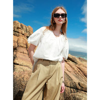 三彩2025夏季纯棉衬衫V领灯笼袖宽松开衫中袖衬衣简约M 米白色 S 155/80A