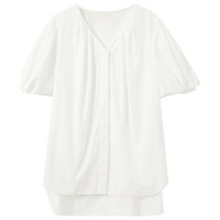 三彩2025夏季纯棉衬衫V领灯笼袖宽松开衫中袖衬衣简约M 米白色 M 160/84A