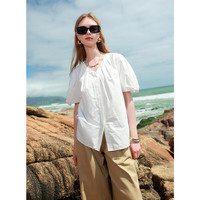 三彩2025夏季新款纯棉衬衫V领灯笼袖宽松开衫中袖衬衣简约M   165/88A