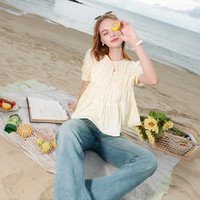 三彩2025夏季新款圆领泡泡袖纯棉小衫宽松娃娃衫衬衣气质M