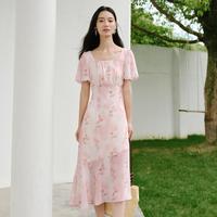 碎花连衣裙女夏季超好看法式方领茶歇裙子