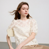 三彩2025夏季莱赛尔绣花衬衣法式气质泡泡袖上衣 奶白 L 165/88A