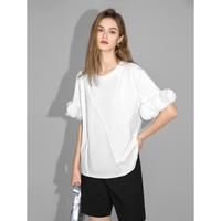 时尚 花边袖T恤夏季款弧形分割活页设计感T恤女夏