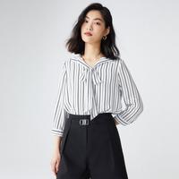 条纹七分袖暗扣领部绑带上衣衬衫女