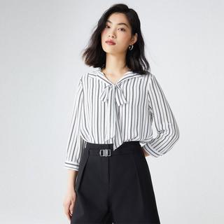 条纹七分袖暗扣领部绑带上衣衬衫女