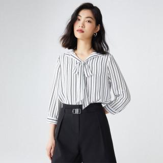 条纹七分袖暗扣领部绑带上衣衬衫女