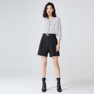 条纹七分袖暗扣领部绑带上衣衬衫女