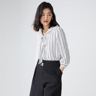 条纹七分袖暗扣领部绑带上衣衬衫女