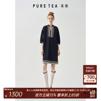 茶·愫 PURE TEA puretea茶愫落肩泡泡袖层次蕾丝花边连衣裙女25夏新 墨蓝 S