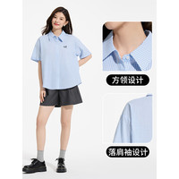 热风格子短袖衬衫2025年夏季女士刺绣小格纹衬衫文艺复古上衣 06兰色 S