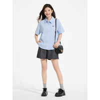 热风格子短袖衬衫2025年夏季女士刺绣小格纹衬衫文艺复古上衣 06兰色 L