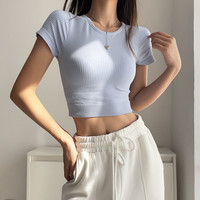 云端贝壳含胸垫瑜伽服女夏季运动短袖修身显瘦跑步休闲短上衣
