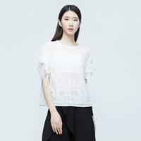 气质绣花肌理短袖透气雪纺衬衫