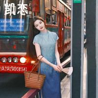 凯恋新中式渐变条纹改良旗袍女装夏季民国风长款连衣裙日常可穿P1642 蔚蓝流云 S