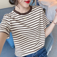 短袖t恤女夏2025新款高端欧货绿色条纹t恤女短袖宽松半袖体恤夏季