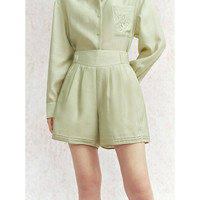 太平鸟女装国风莱赛尔品质衬衫夏季立体刺绣后背开叉衬衣套装 绿色短裤 S