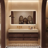 勒臣中古风岩板热弯无缝陶瓷一体盆浴室柜组合卫生间洗漱台洗手盆 100cm岩板热弯一体左盆+智能方镜