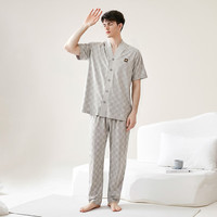 芬腾睡衣男士纯棉2025年夏季V领格纹短袖长裤家居服套装
